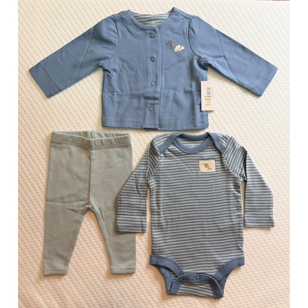 Bliss by Garanimals Baby Boy 3PC Outfit Set Blue Grey Stripe Airplane 0-3M NWT